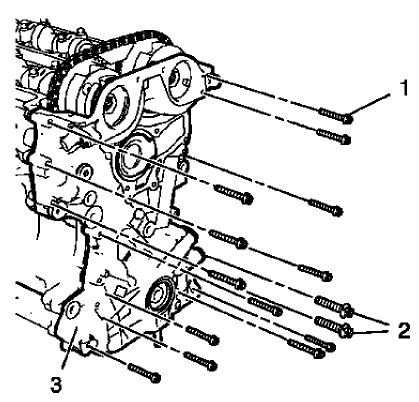 Fig. 130: M6, M10 Front Cover Bolts And Engine Front Cover