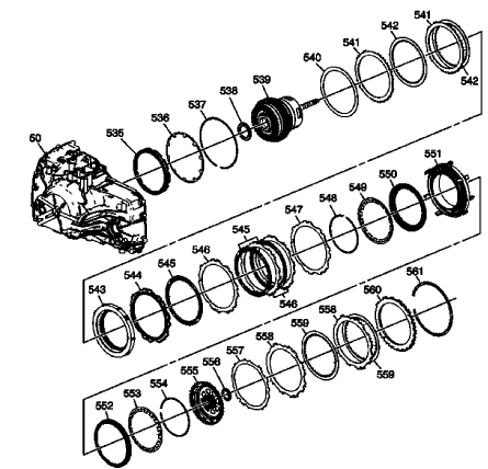 Fig. 21: Disassembled View Of 2-6, Low 7 Reverse & 1-2-3-4 Clutch Plate Assemblies